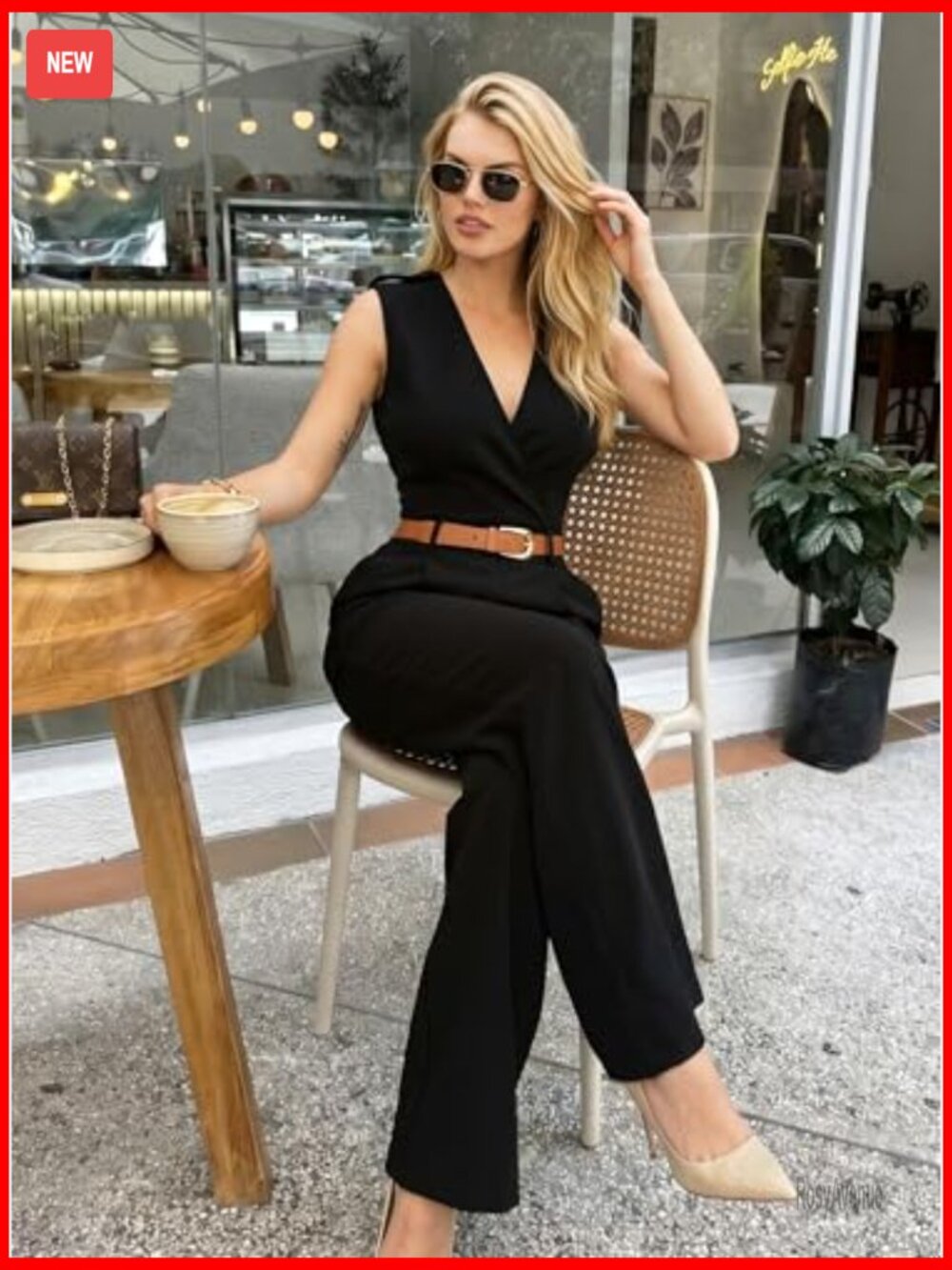 Wide Leg V Neck Sleeveless Jumpsuit with Belt Pockets Business Casual - Picture 4 of 7